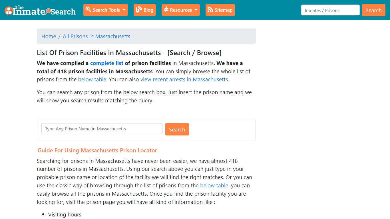 List Of Prison Facilities in Massachusetts - [Search / Browse]